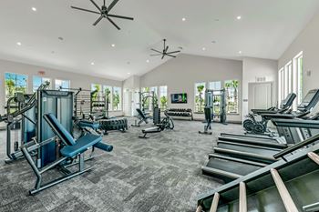 a gym with cardio equipment and weights in a building with windows